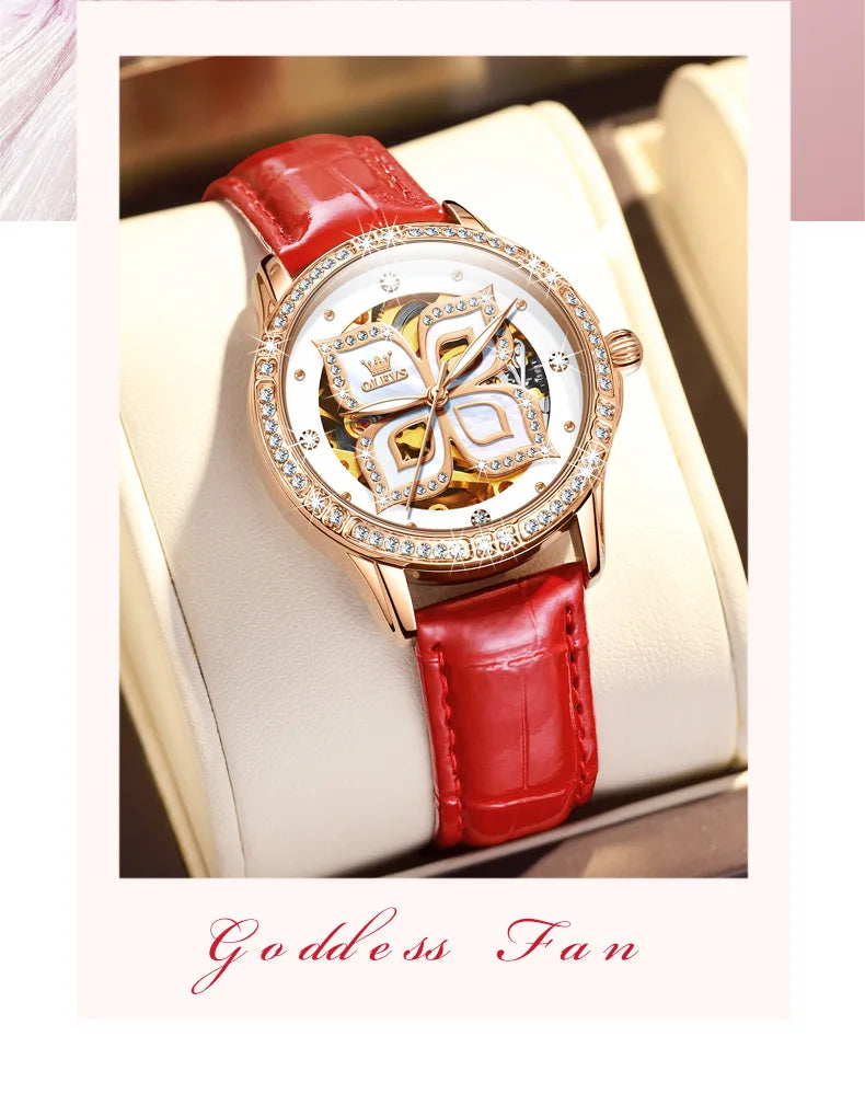 OLEVS 6612 Womens Watch Elegant Fashion Bezel Ceramic Strap Original Mechanical Watch Waterproof Luminous Butterfly Dial Ladies