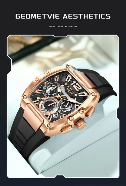 LIGE Sports Man Watch Tonnea Hollow Design Quartz Men Wristwatches Chronograph Waterproof Luminous Silicone Strap Watches Male