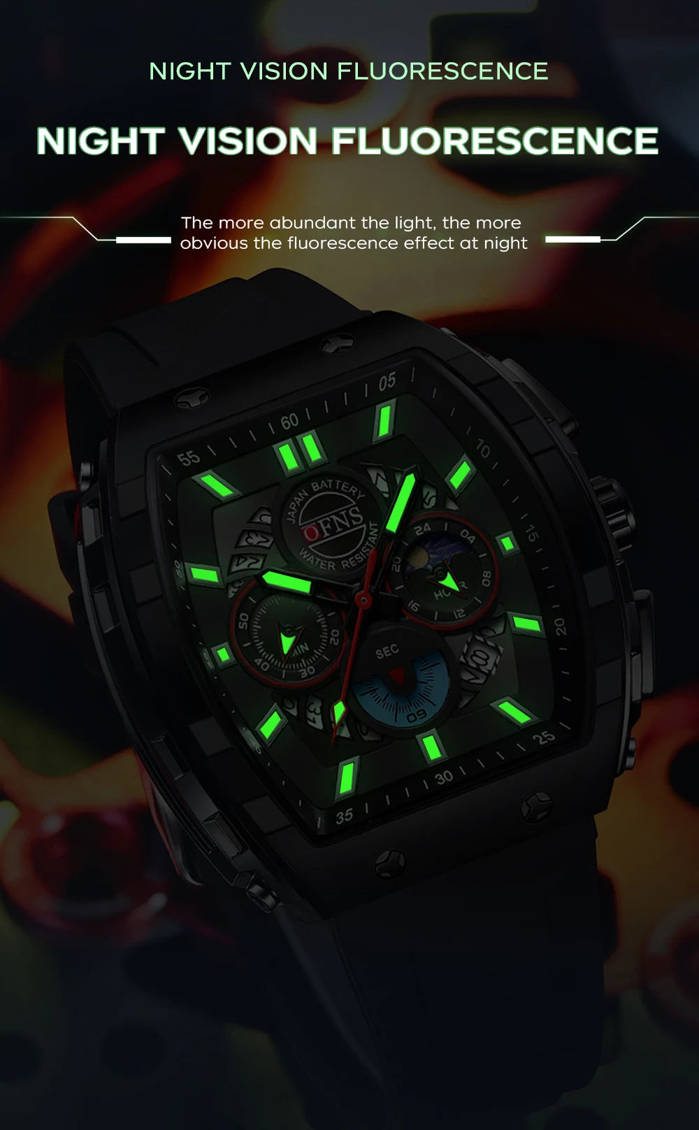 OFNS Fashion Quartz Watches for Man Luminous Waterproof Chronograph Calendar Silicone Strap Outdoor Luxury Sports Men Watch