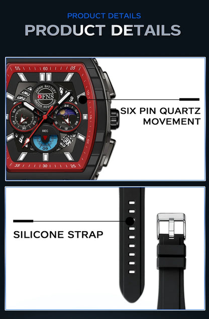 OFNS Fashion Quartz Watches for Man Luminous Waterproof Chronograph Calendar Silicone Strap Outdoor Luxury Sports Men Watch