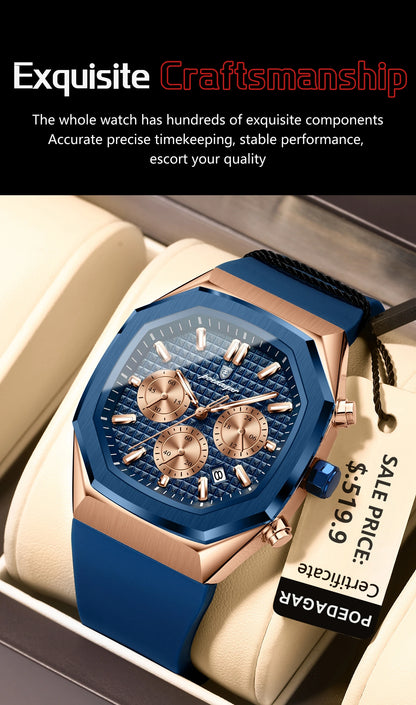 POEDAGAR Business Quartz Men's Wristwatch Chronograph Date Silicone Strap Man Watch Waterproof Military Luminous Watches For Men