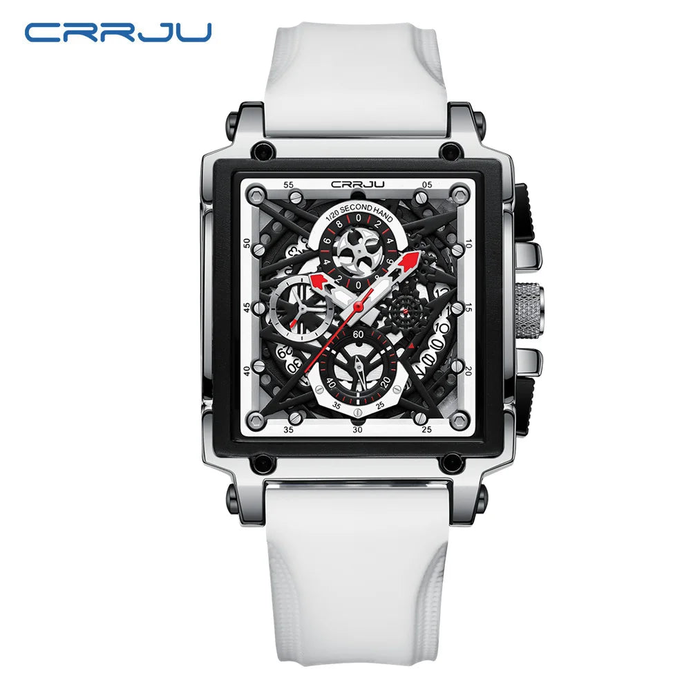 CRRJU Men's Sports Chronograph Wrist Watch For Men Army Silicone strap Square Quartz Stop Watch Clock Man Relogios Masculino