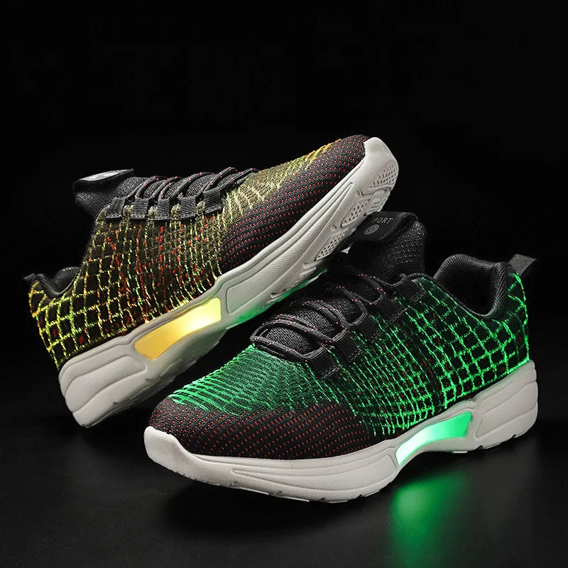 Men Fashion LED Shoes Light Up Sneakers USB Recharging Fiber OPTIC Cloth Elastic Sole Glowing Luminous Flashing Casual Shoes