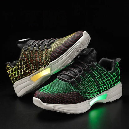 Men Fashion LED Shoes Light Up Sneakers USB Recharging Fiber OPTIC Cloth Elastic Sole Glowing Luminous Flashing Casual Shoes