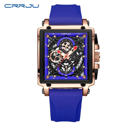 CRRJU Men's Sports Chronograph Wrist Watch For Men Army Silicone strap Square Quartz Stop Watch Clock Man Relogios Masculino