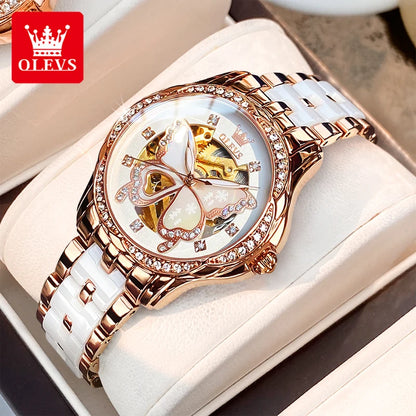 OLEVS 6622 Women's Watch Butterfly Dial Luxury Waterproof Mechanical Watch For Women Hollow Ceramic Strap Automatic Wristwatch
