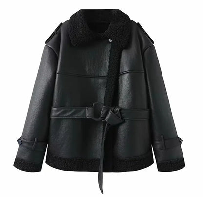 Faux Fur Leather Long Jacket Women Lapel Long Sleeve Belt Thicken Female Coats Winter Fashion Street Patchwork Lady Outwear