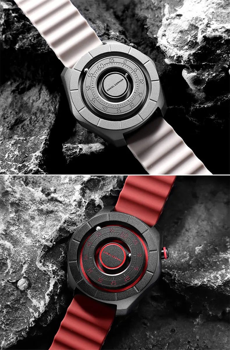 DANIEL GORMAN Magnetic Bead Pointers Quartz Watch for Men Military Sport Waterproof Luminous Wristwatch with Red Strap DG0788