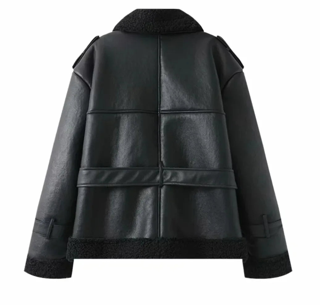 Faux Fur Leather Long Jacket Women Lapel Long Sleeve Belt Thicken Female Coats Winter Fashion Street Patchwork Lady Outwear