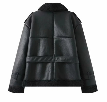 Faux Fur Leather Long Jacket Women Lapel Long Sleeve Belt Thicken Female Coats Winter Fashion Street Patchwork Lady Outwear