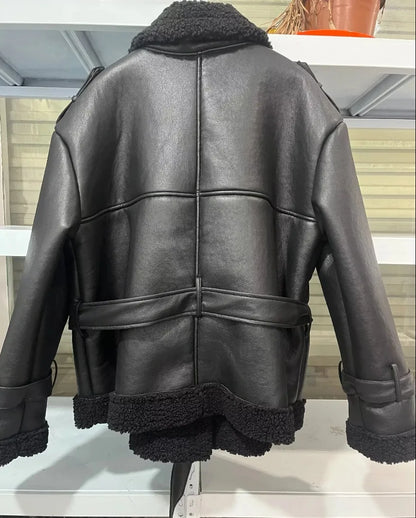 Faux Fur Leather Long Jacket Women Lapel Long Sleeve Belt Thicken Female Coats Winter Fashion Street Patchwork Lady Outwear