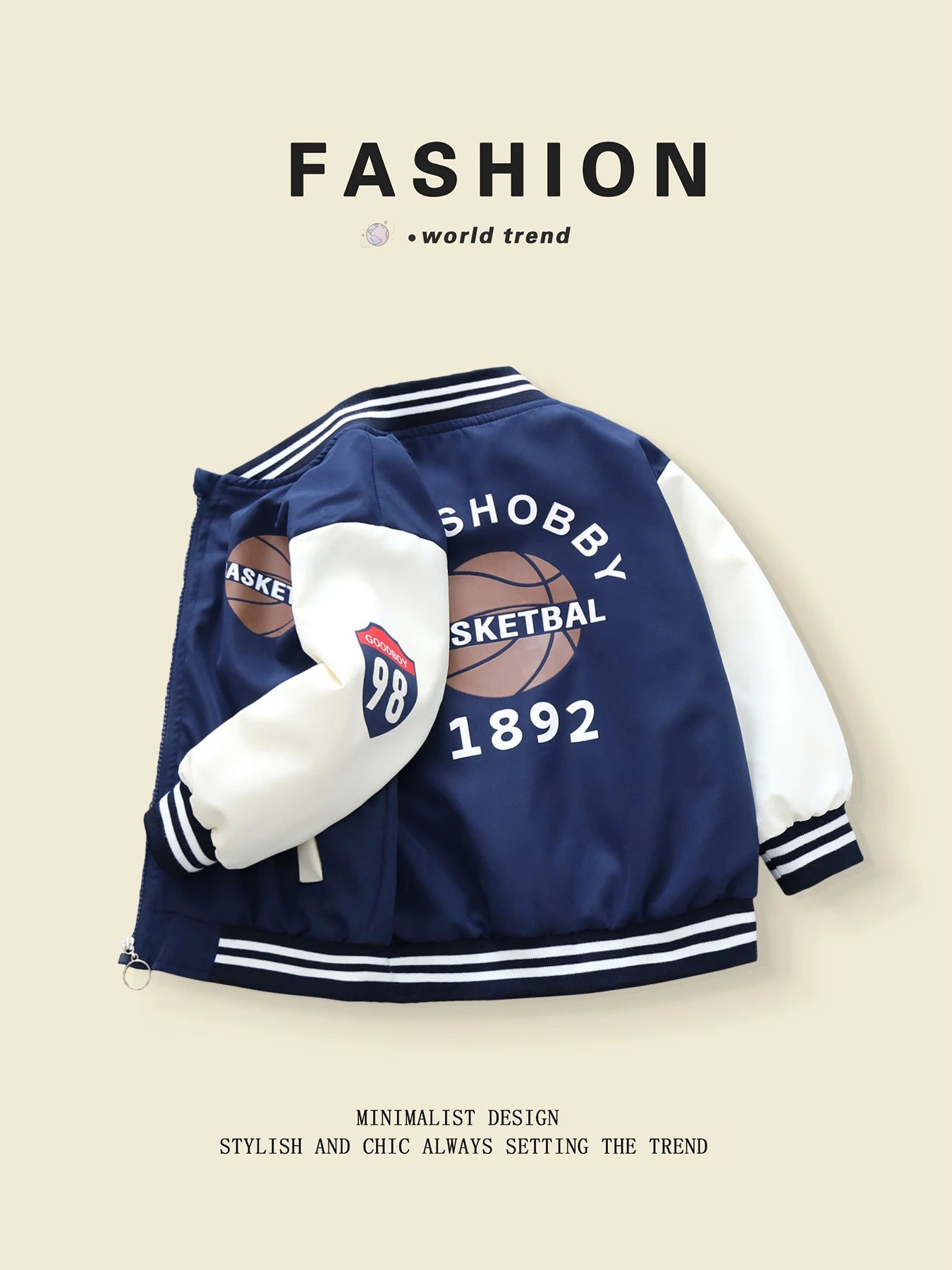 Spring - Autumn Boys' Baseball Jackets with Basketball Pattern, Suitable for 3 - 10 Year Olds, Unhooded Style