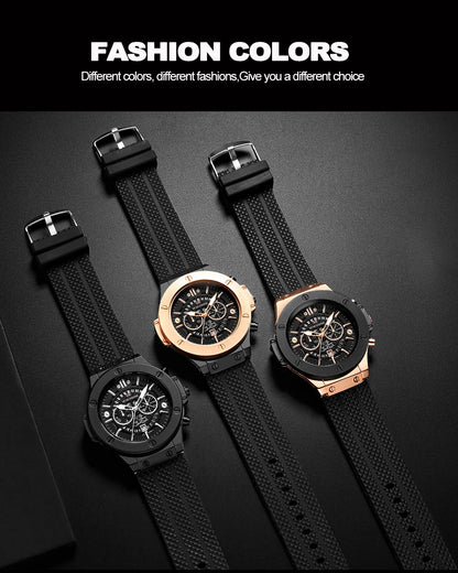 Black Silicone Mens Hand 46mm Hollowed Out Large Dial Rose Gold Fashionable Military Style Original Quartz Movement Sports Watch
