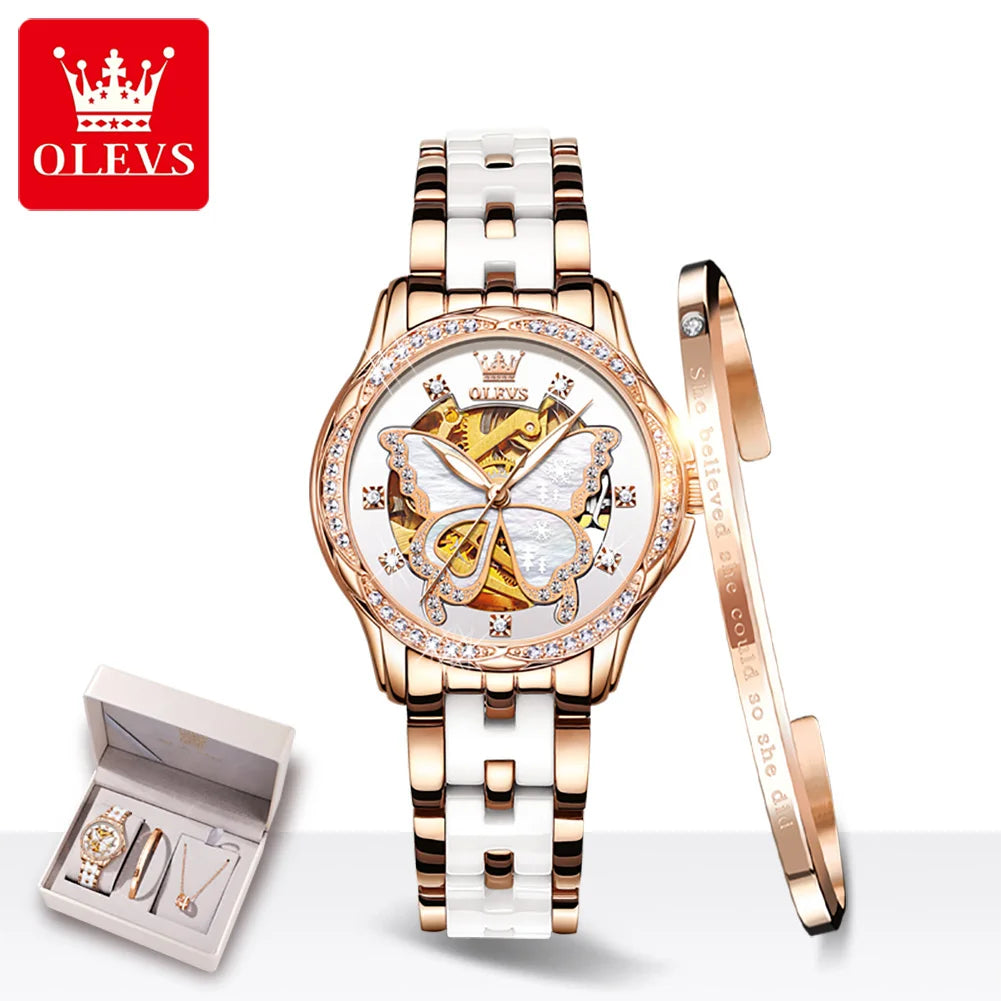 OLEVS 6622 Women's Watch Butterfly Dial Luxury Waterproof Mechanical Watch For Women Hollow Ceramic Strap Automatic Wristwatch