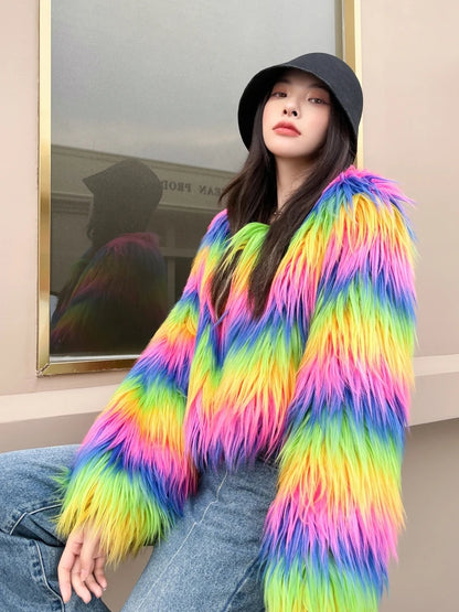 Women's Winter Rainbow Faux Fur Coat Lady Streetwear O Neck Long Sleeve Loose Fuzzy Warm Loose Outwear