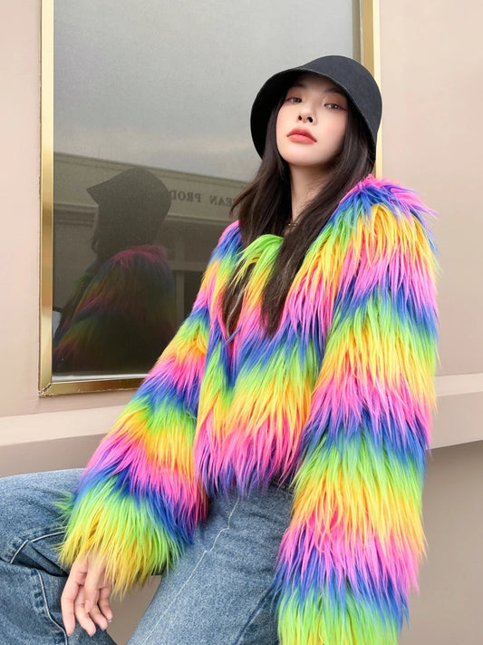 Women's Winter Rainbow Faux Fur Coat Lady Streetwear O Neck Long Sleeve Loose Fuzzy Warm Loose Outwear