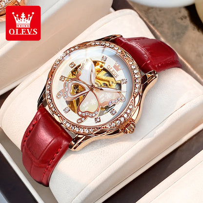 OLEVS 6622 Women's Watch Butterfly Dial Luxury Waterproof Mechanical Watch For Women Hollow Ceramic Strap Automatic Wristwatch