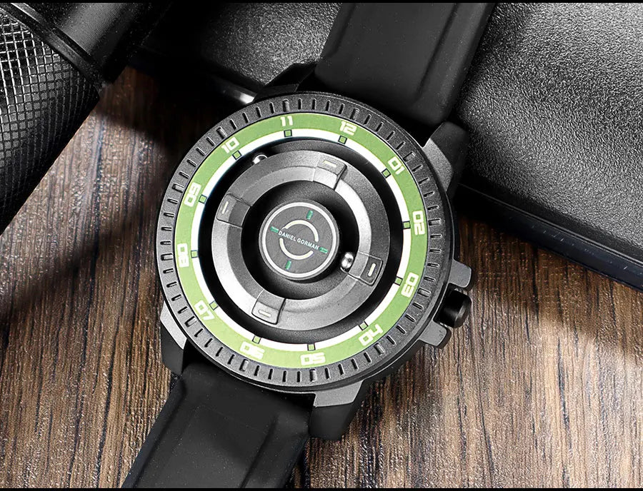 DANIEL GORMAN Magnetic Driven Watch Men Black Waterproof Stainless Steel Beads Quartz Watch with Silicone Strap DG0221 Green