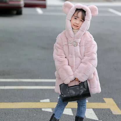Girls Faux Mink Fur Coat Winter Children Girls Long Sleeve Hooded Christmas Jacket Super Warm  Kids Girls Coat Girls Outerwear