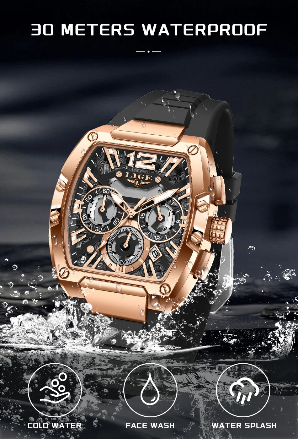 LIGE Sports Man Watch Tonnea Hollow Design Quartz Men Wristwatches Chronograph Waterproof Luminous Silicone Strap Watches Male