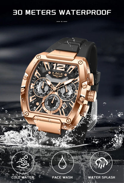 LIGE Sports Man Watch Tonnea Hollow Design Quartz Men Wristwatches Chronograph Waterproof Luminous Silicone Strap Watches Male