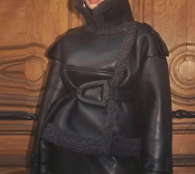 Faux Fur Leather Long Jacket Women Lapel Long Sleeve Belt Thicken Female Coats Winter Fashion Street Patchwork Lady Outwear