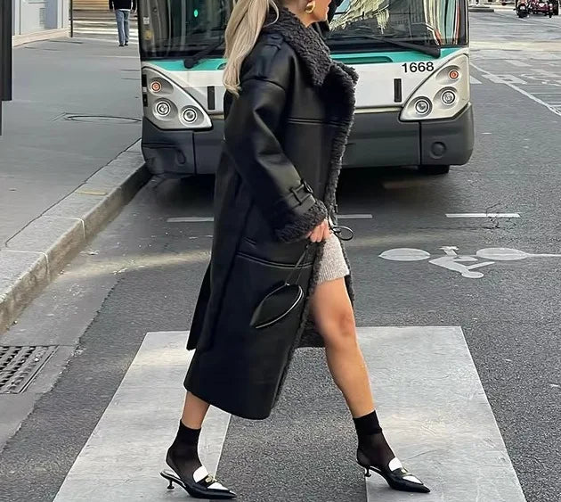 Faux Fur Leather Long Jacket Women Lapel Long Sleeve Belt Thicken Female Coats Winter Fashion Street Patchwork Lady Outwear