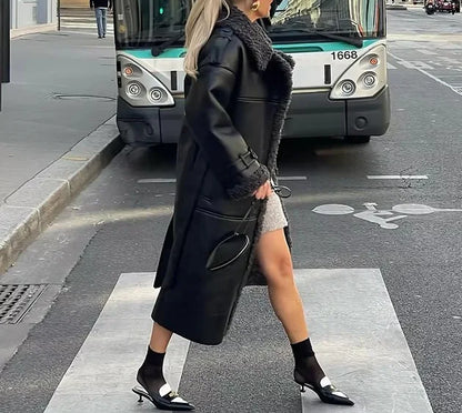 Faux Fur Leather Long Jacket Women Lapel Long Sleeve Belt Thicken Female Coats Winter Fashion Street Patchwork Lady Outwear