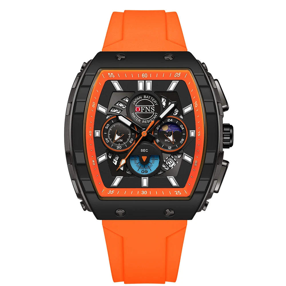 OFNS Fashion Quartz Watches for Man Luminous Waterproof Chronograph Calendar Silicone Strap Outdoor Luxury Sports Men Watch