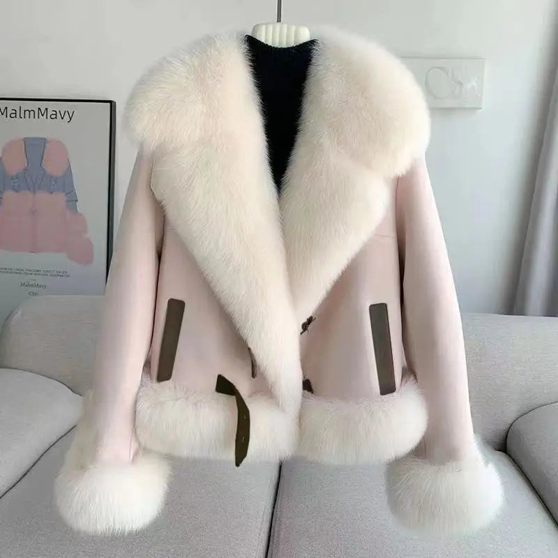 Women Imitation Fox Fur Turn Down Collar Suede Jacket Faux Mink Fur Collar Coat Fur Quilted Coat Cotton Padded Inner Parka Tops