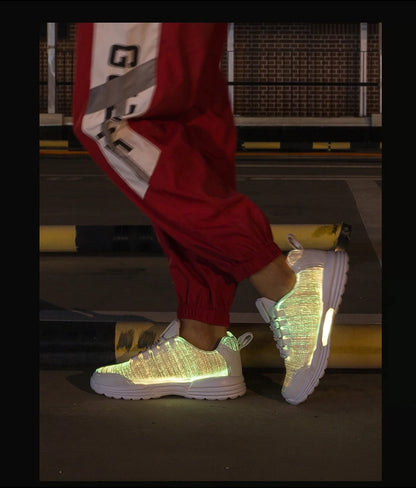 Men Fashion LED Shoes Light Up Sneakers USB Recharging Fiber OPTIC Cloth Elastic Sole Glowing Luminous Flashing Casual Shoes