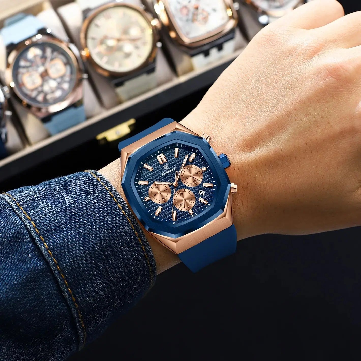 POEDAGAR Business Quartz Men's Wristwatch Chronograph Date Silicone Strap Man Watch Waterproof Military Luminous Watches For Men