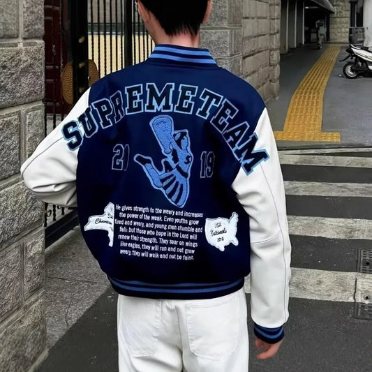 Embroidery Baseball Jacket for Men Streetwear Varisity Jacket Splicing PU Leather Sleeves Women Bomber Jacket Unisex Men Clothes
