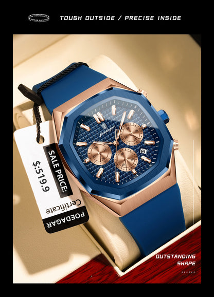 POEDAGAR Business Quartz Men's Wristwatch Chronograph Date Silicone Strap Man Watch Waterproof Military Luminous Watches For Men