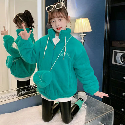 Fake Fur Girls Jacket Winter New Solid Color Letter Print Padded Lining Thick Warm Plush Coats For 5-12Y Kids Fashion Overcoat