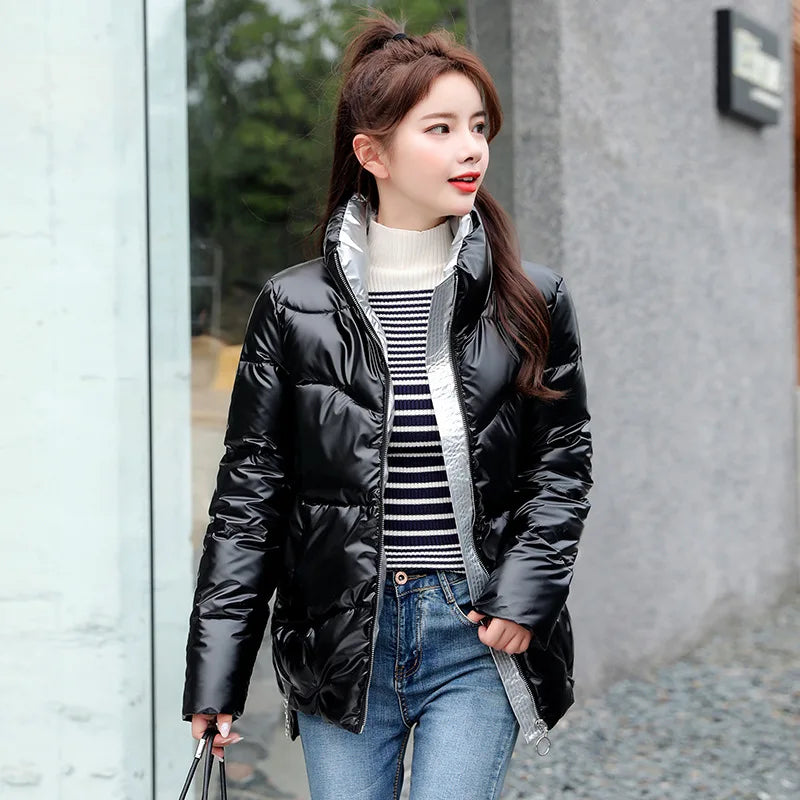 Glossy Down Women's Cotton Jacket Winter Slim Fit Stand Collar Parka Jacket Woman Casual Zipper Up Thick Warm Parkas Mujer