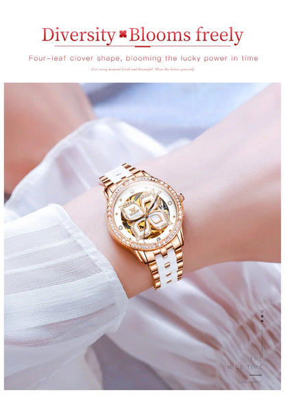 OLEVS 6612 Womens Watch Elegant Fashion Bezel Ceramic Strap Original Mechanical Watch Waterproof Luminous Butterfly Dial Ladies