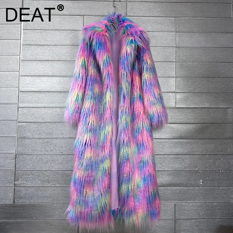 DEAT 2025 Winter New Items Imitation Colorful Long Coat For Women Faux Fur Suit Collar Long Sleeve Trench Jacket Female 11A05577