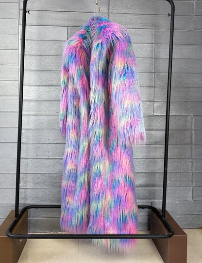 DEAT 2025 Winter New Items Imitation Colorful Long Coat For Women Faux Fur Suit Collar Long Sleeve Trench Jacket Female 11A05577