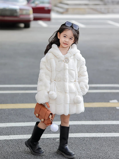Girls Faux Mink Fur Coat Winter Children Girls Long Sleeve Hooded Christmas Jacket Super Warm  Kids Girls Coat Girls Outerwear