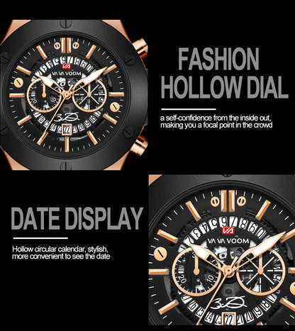 Black Silicone Mens Hand 46mm Hollowed Out Large Dial Rose Gold Fashionable Military Style Original Quartz Movement Sports Watch