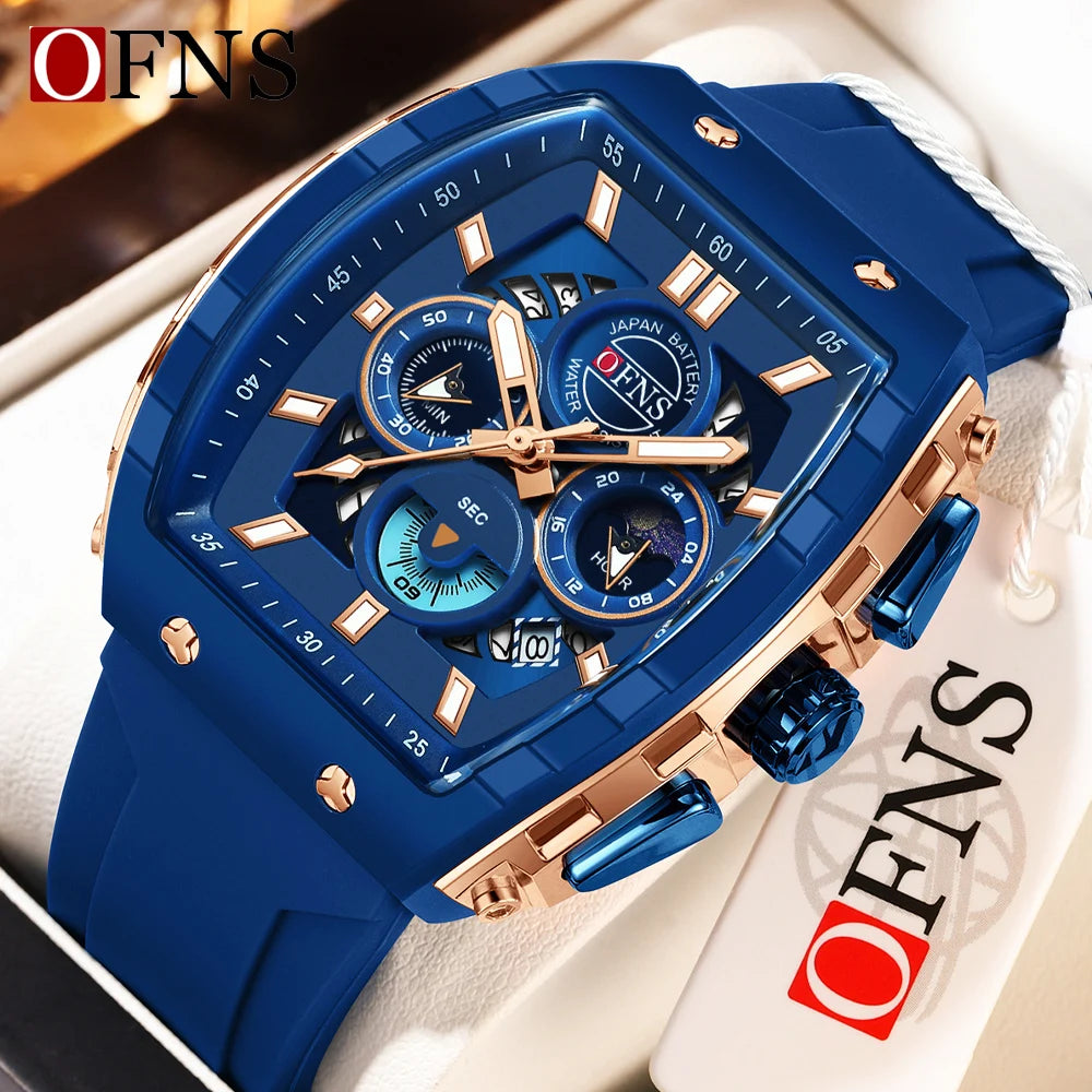 OFNS Fashion Quartz Watches for Man Luminous Waterproof Chronograph Calendar Silicone Strap Outdoor Luxury Sports Men Watch