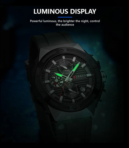 CURREN Fashionable Sports Multifunctional Chronograph Quartz Watch with Silicone Strap Creative Design Dial Luminous Hands