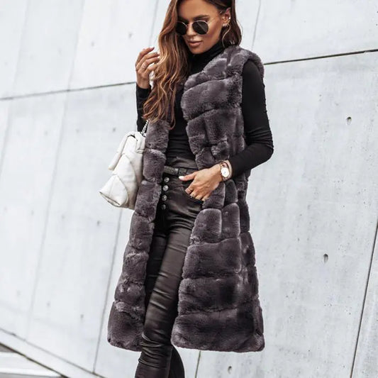 Long Round Neck Fur Vest Jacket