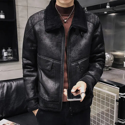 Men's Plus Size PU Leather Cotton Jacket with Fur Collar