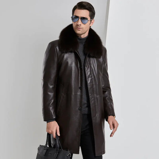 Men's Mid-Length Fur Coat with Fox Fur Collar