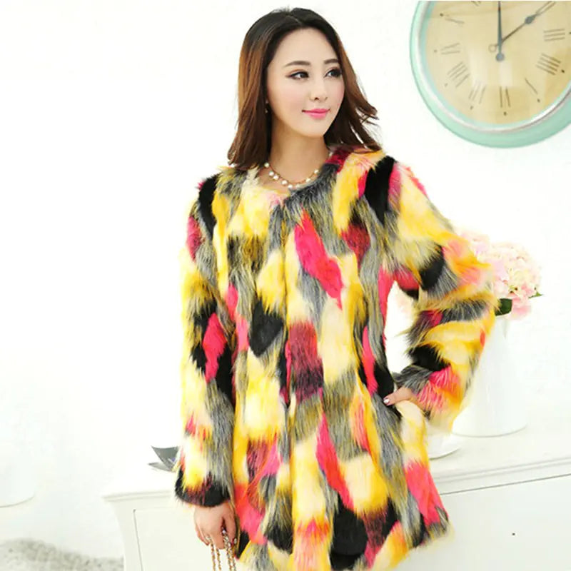 Contrast Stitching Faux Fur Coat for Women